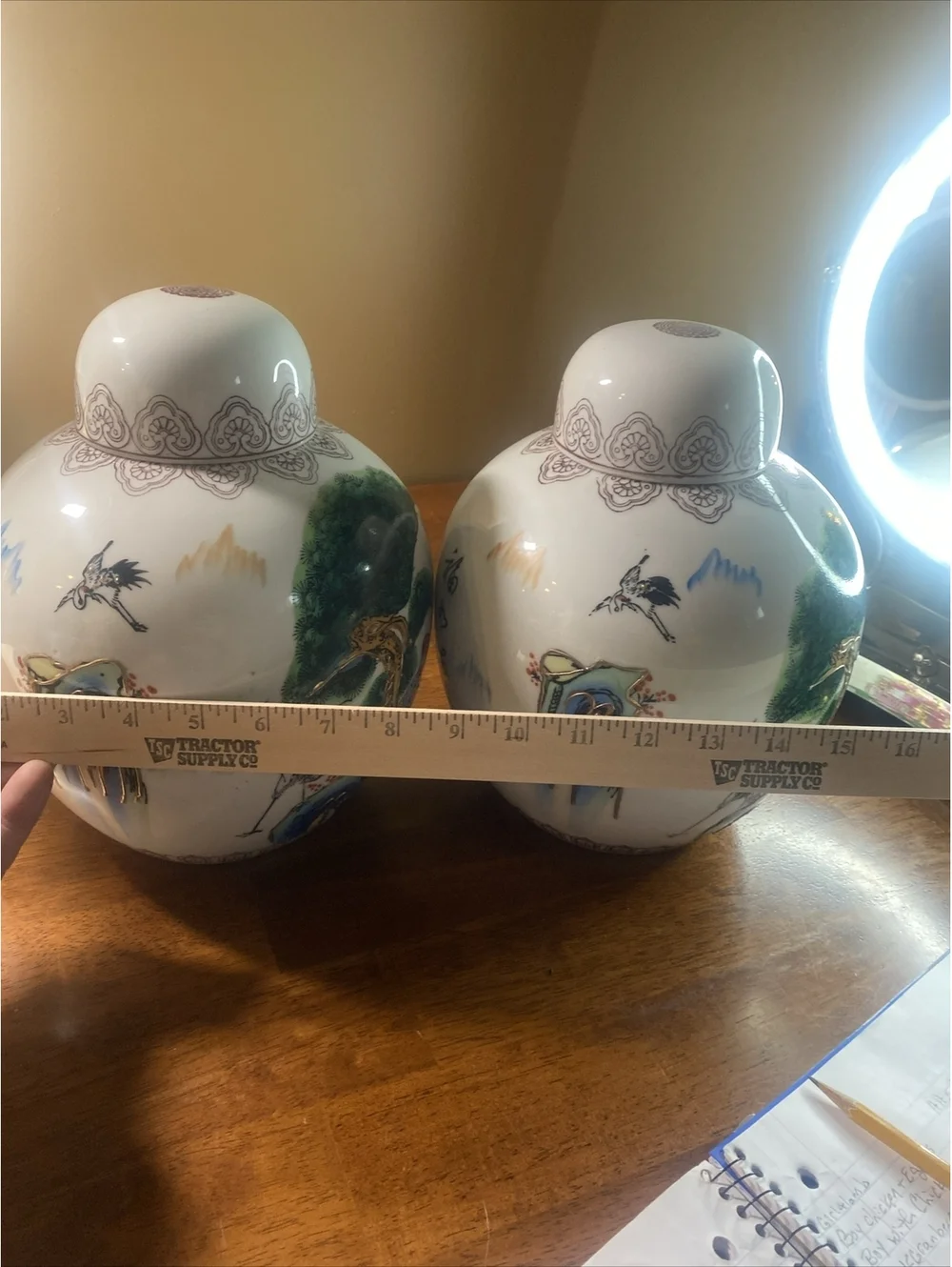 CHINESE OR JAPANESE ASIAN VASE CADDY JAR POEM PAINTED MORIAGE LOTUS BIRDS PAIR
